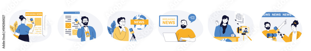 Aufkleber Journalism concept set with characters in flat design for web. People make articles publications, recording breaking news program in tv studio, talking at press conference. Vector illustrations.