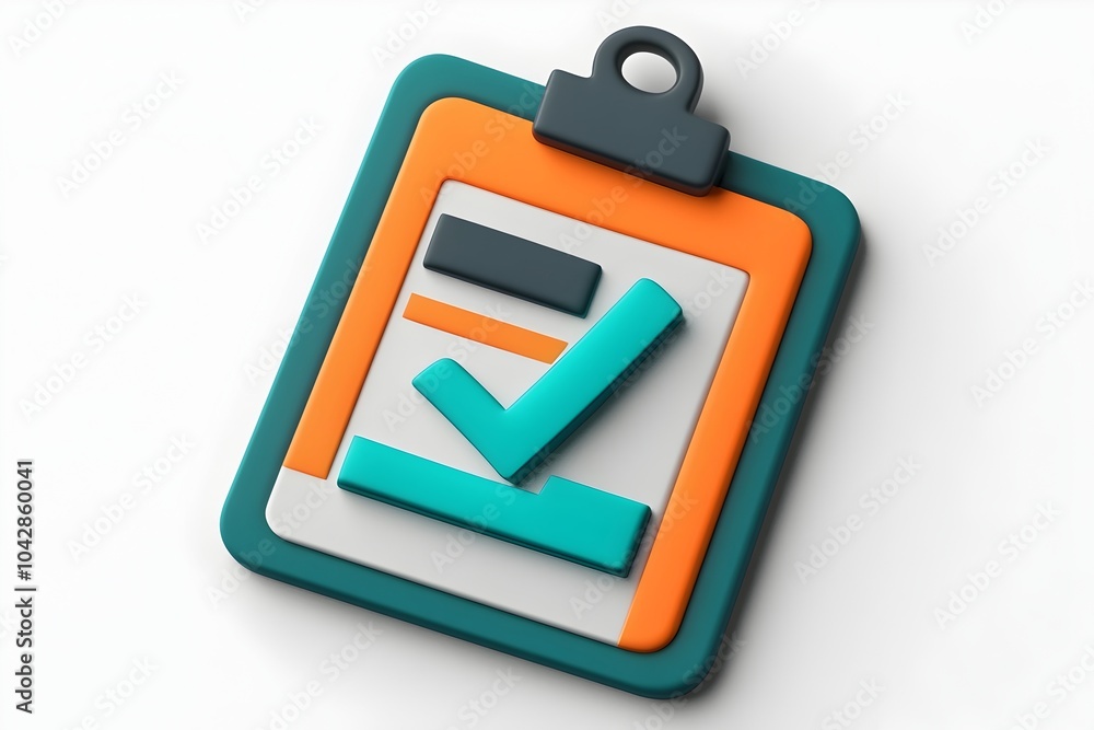 Poster evaluation clipboard icon in 3d with smooth edges and minimal details in orange and teal colors on