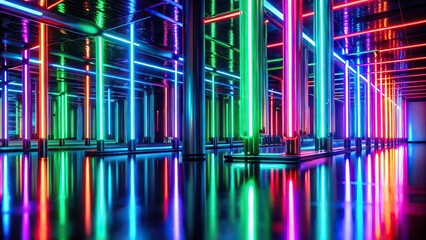 Extreme close-up of blue, green, red, and purple orange neon lights and reflections