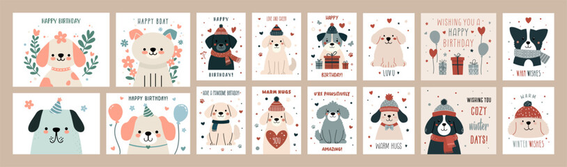 Vector Cute Dog Themed Greeting Cards Set - Perfect for Birthdays and Winter Wishes
