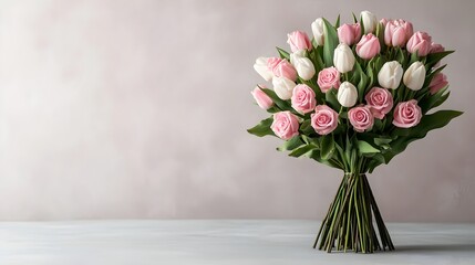 Fototapeta premium Elegant Sunday Flower Bouquet with Tulips and Roses on Clean Background