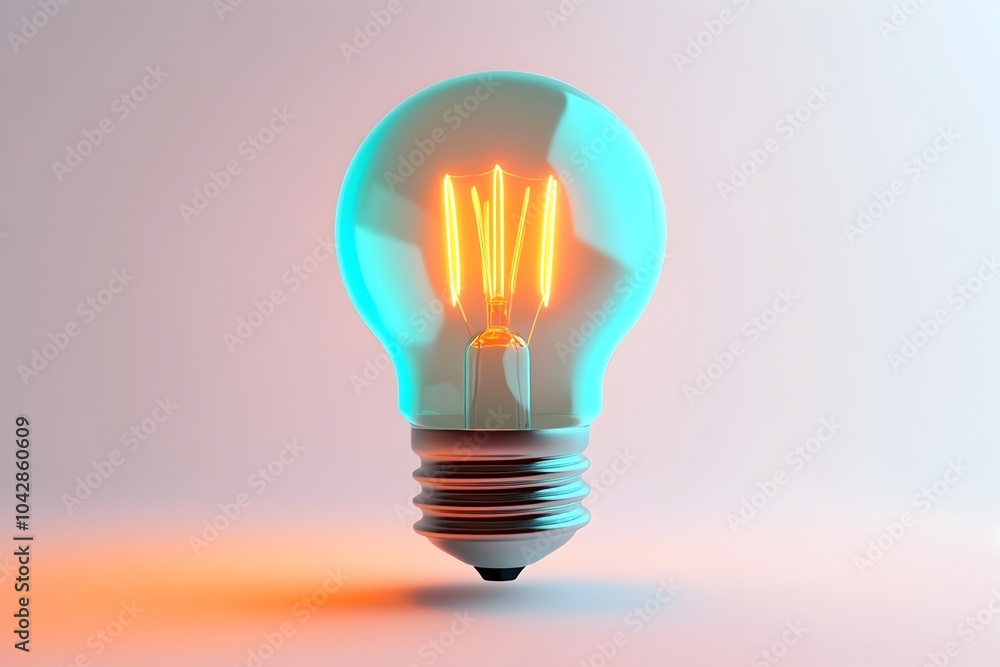 Poster glowing 3d lightbulb icon with soft rounded edges on minimal teal and orange background