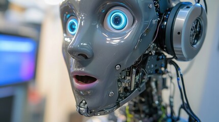 An extreme close-up of the expressive facial features and dynamic conversational abilities of a humanoid virtual assistant robot in a digital assistant research facility, Robotics style, photo of