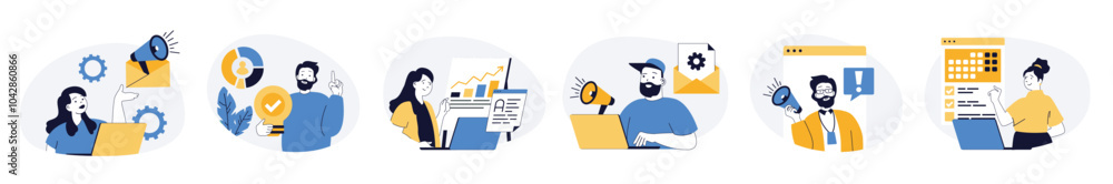 Fototapete Marketing and development concept set with characters in flat design for web. People with megaphone making data analysis, creating promotion with content plan and advertising. Vector illustrations.
