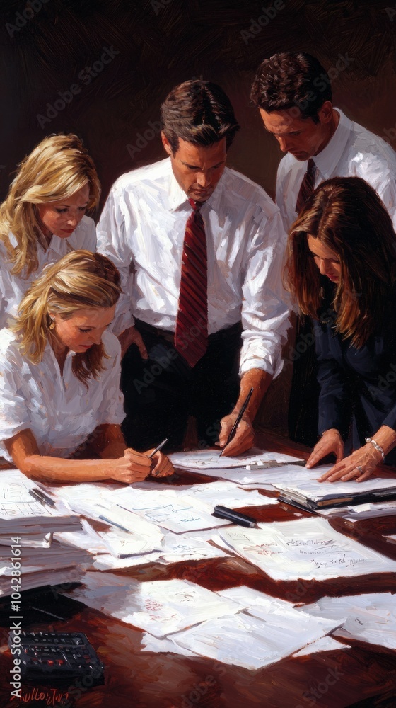 Aufkleber collaborative teamwork professionals strategize over documents in a dynamic meeting setting