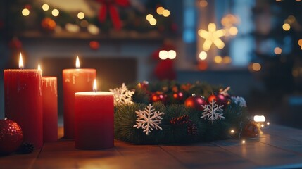 A festive scene with a Christmas wreath, candles, and snowflake ornaments set on a wooden table, photographed from multiple angles to highlight the holiday mood.