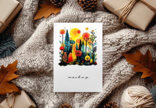 Autumn Greeting Card Mockup &ndash; Cozy Fall Scene with Pinecones, Leaves, and Warm Textiles for Seasonal Design Display or Gift Branding