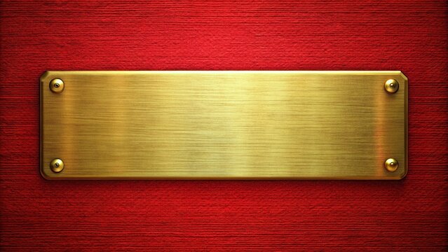Extreme close-up of red textured surface with gold name plate and trim