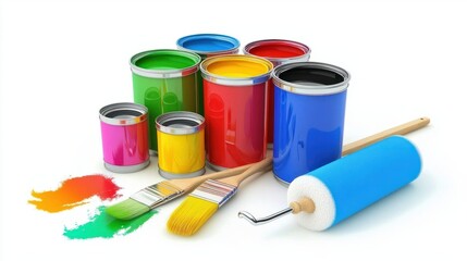 A set of paint cans, with bright colors spilling slightly, alongside brushes and rollers, ready for a home painting project.