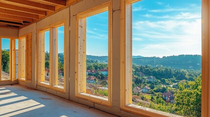 Prefabricated window frames being placed into position in a new house under construction