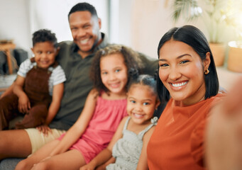 Relax, selfie and portrait with family on sofa for love, photography and happiness together. Pov, bonding and social media with parents and children in living room at home for picture and care