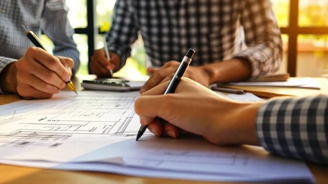 Engineer and architect reviewing construction drawings on site