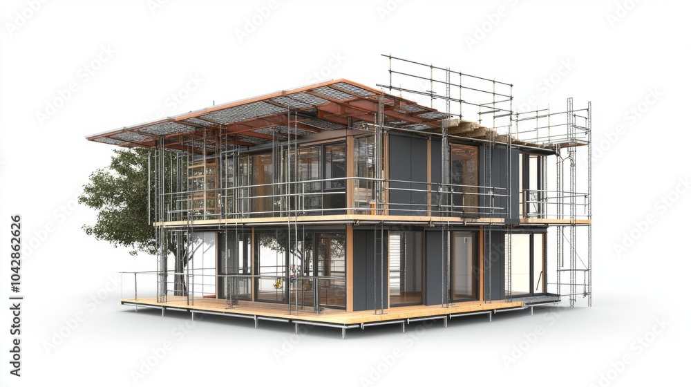 Poster residential house build using prefabricated modules, with scaffolding around the structure