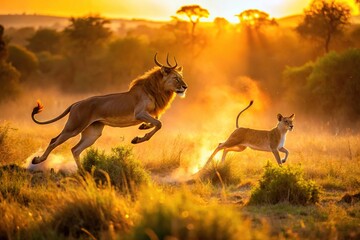 Lion hunting deer during sunset in an African jungle