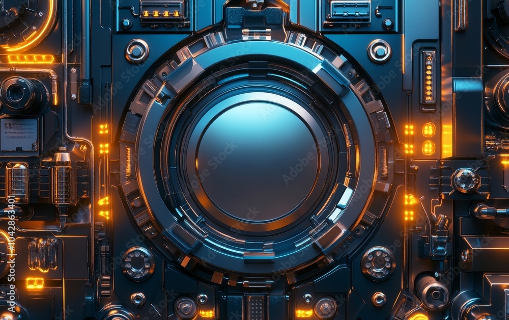 Poster a futuristic, metallic interface featuring a central circular element and illuminated circuitry.