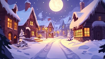 Obraz premium A Serene snowy village at night with warmly lit houses with full moon,charming winter scene with a festive feel,winter,Merry christmas holiday,New year and xmas celebration,Vector illustration.