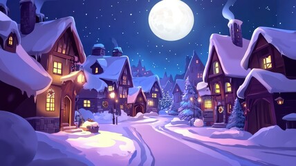 Obraz premium A Serene snowy village at night with warmly lit houses with full moon,charming winter scene with a festive feel,winter,Merry christmas holiday,New year and xmas celebration,Vector illustration.