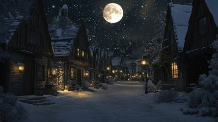 A Serene snowy village at night with warmly lit houses with full moon,charming winter scene with a festive feel,winter,Merry christmas holiday,New year and xmas celebration,Vector illustration.