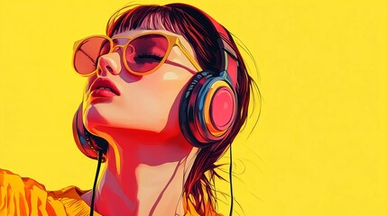 Illustration of colorful & pop woman listening to lo-fi music,generated by AI