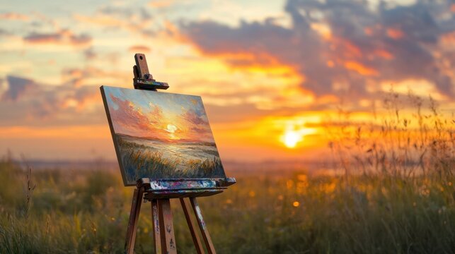 An artist easel showing a partially finished painting of a sunset, with the actual sunset sky and scenery in the background, blending art and reality