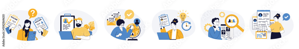 Poster Recruitment concept set with characters in flat design for web. People searching candidates in company team, selecting online resumes and doing job interview with applicants. Vector illustrations.
