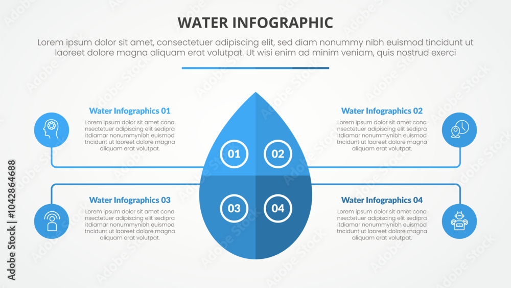 Poster water infographic theme concept for slide presentation with big waterdrop on matrix structure with 4