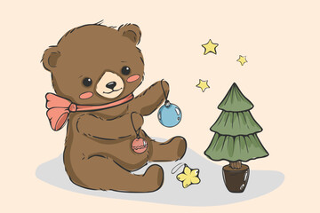 Cute teddy bear with Christmas tree and toy. Vector illustration. Sketch, drawing, cute animal. Poster, print design, greeting card. Winter, new year. Cartoon , funny animal.