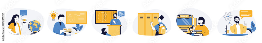 Aufkleber School learning concept set with characters in flat design for web. People studying languages and sciences at lessons, solving math problems, getting new cognitions and skills. Vector illustrations.
