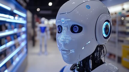 An extreme close-up of the facial recognition and personalized interaction software of a humanoid retail assistant robot in a retail automation research facility, Robotics style, photo of