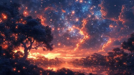 Obraz premium A serene landscape at sunset with a starry sky and reflections.