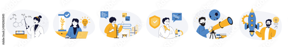 Aufkleber Science laboratory concept set with characters in flat design for web. People researching molecular structures, doing chemical tests at lab, studying astronomy in observatory. Vector illustrations.