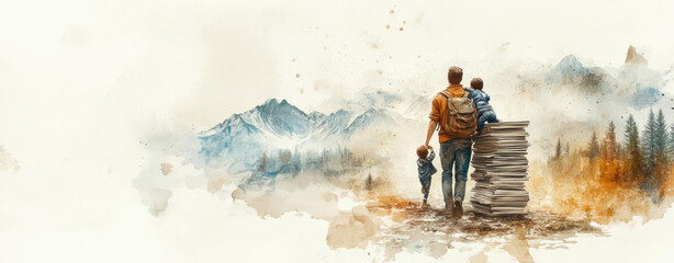 Fototapeta premium Family hiking with mountain view, watercolor style