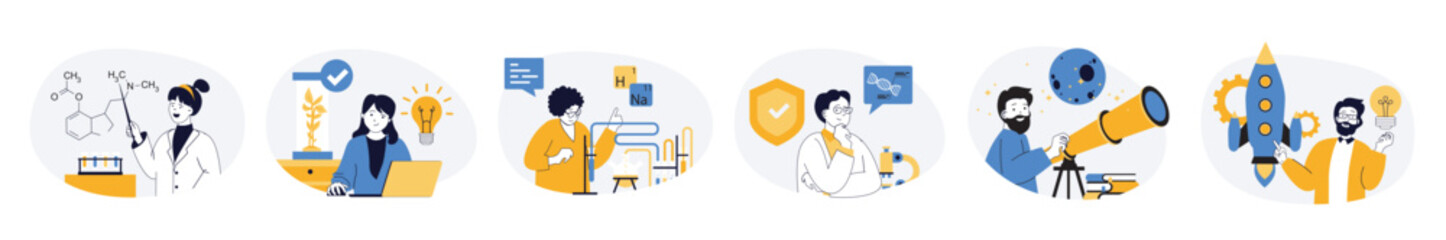 Science laboratory concept set with characters in flat design for web. People researching molecular structures, doing chemical tests at lab, studying astronomy in observatory. Vector illustrations.