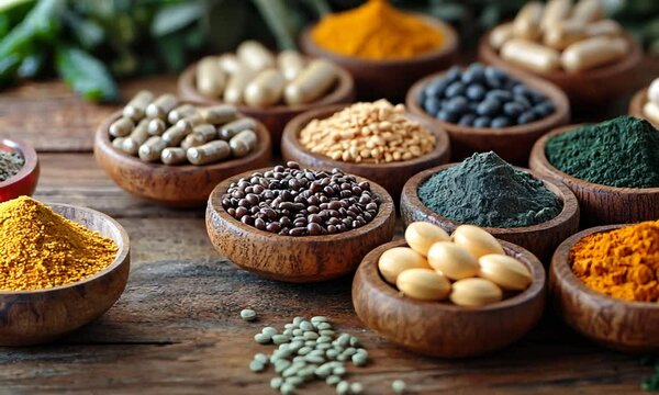A variety of colorful spices and seeds in wooden bowls.