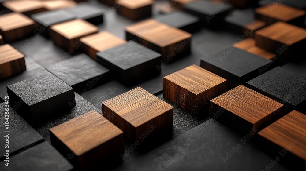 Aufkleber a close-up view of interlocking wooden and black squares creating a textured, modern surface.