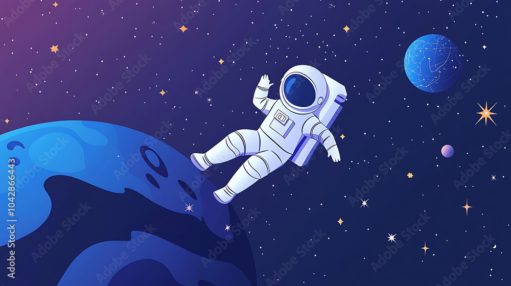Poster astronaut floating in space, waving with earth and stars in background, creating sense of wonder and