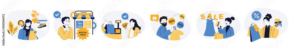 Poster Shopping concept set with characters in flat design for web. People choosing new products at internet stores, making purchases in app with special prices, buying with discounts. Vector illustrations.