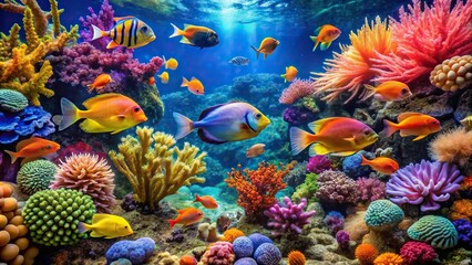 Colorful fish swimming in an ocean salt water aquarium with corals reflected