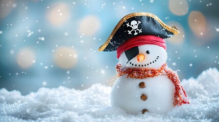 Fototapeta premium Pirate Snowman with Hat and Eye Patch in Snowy Scene