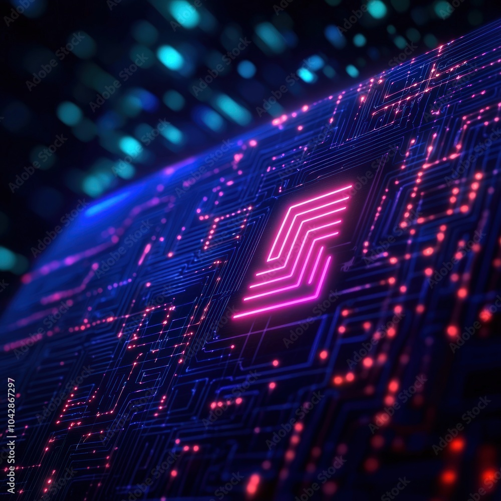 Poster exploring the intersection of modern technology and digital design in a vibrant circuitry landscape