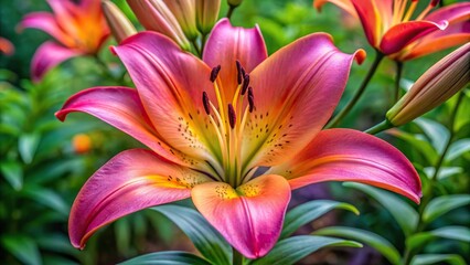 Fototapeta premium Long and thick lily with pink and orange petals blooming in nature