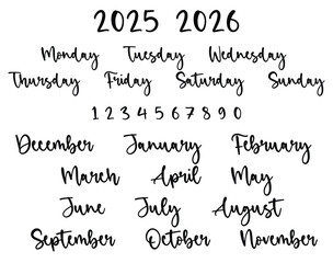 2025 calendar template, Handwritten months names vector set: December, January, February, March, April, May, June, July, August, September, October, November. Template for calendars and organizers. 