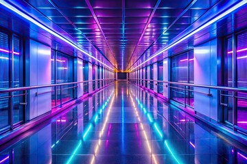 Fototapeta premium Long empty hallway with neon lights, handrails, and light reflection on waxed floor surface
