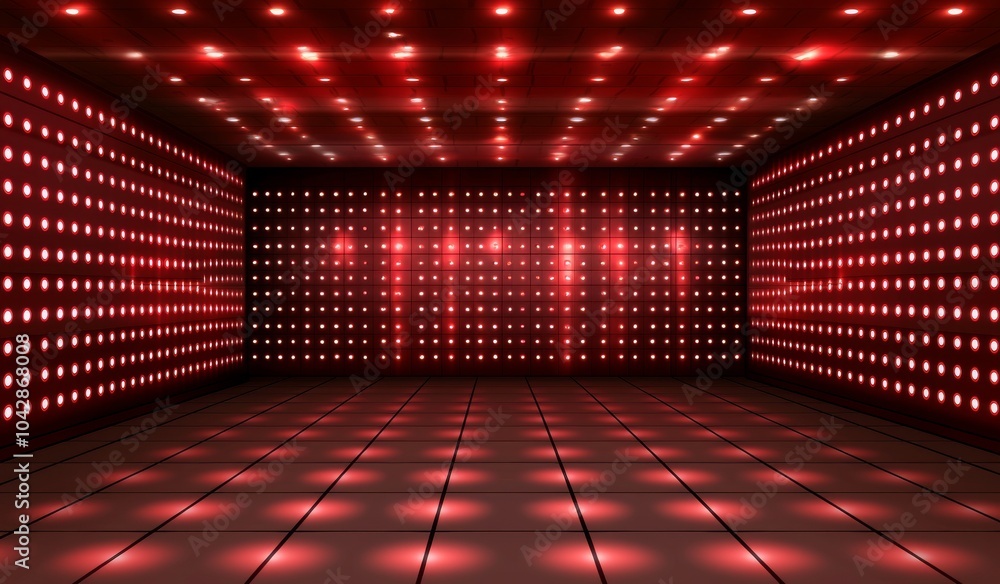 Poster red gradient background with red light dots and dark stage background, creating a high-end atmospher