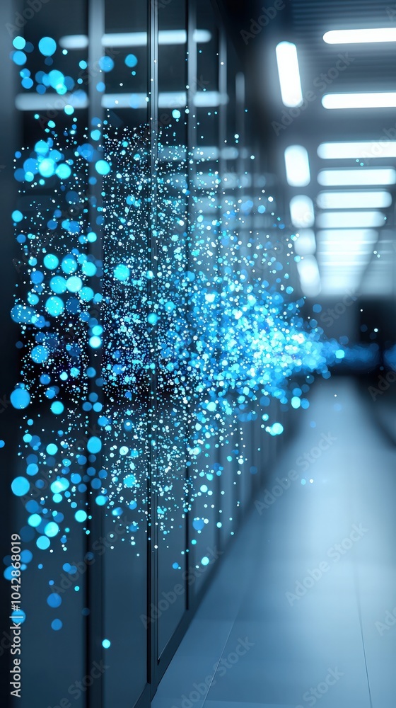 Poster dynamic visualization of digital energy in a modern corridor with vibrant particles and light effect
