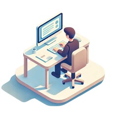 資料作成・在宅ワークをする男性のアイソメトリック画像 Isometric image of a man creating materials and working from home