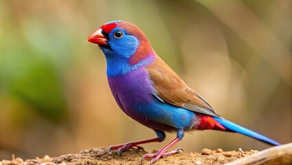 Obraz premium Colorful Granatina granatina Violet eared Waxbill Cordonbleu grenadin from a low angle view