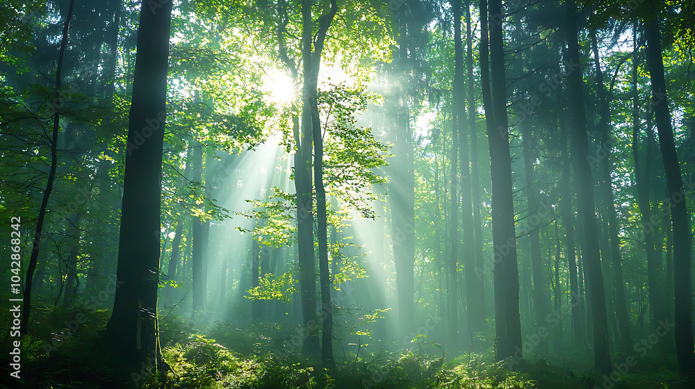 Poster dense forest canopy with towering trees and sunlight filtering through creates serene and tranquil a