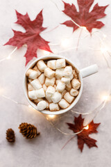 Cup of hot chocolate on white background
