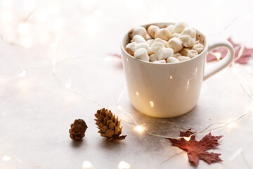 Cup of hot chocolate on white background